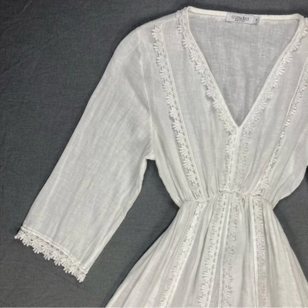 Luisa Ricci Linen Lace Tunic Beach Coverup Dress Women Medium White Cottagecore - Picture 5 of 13